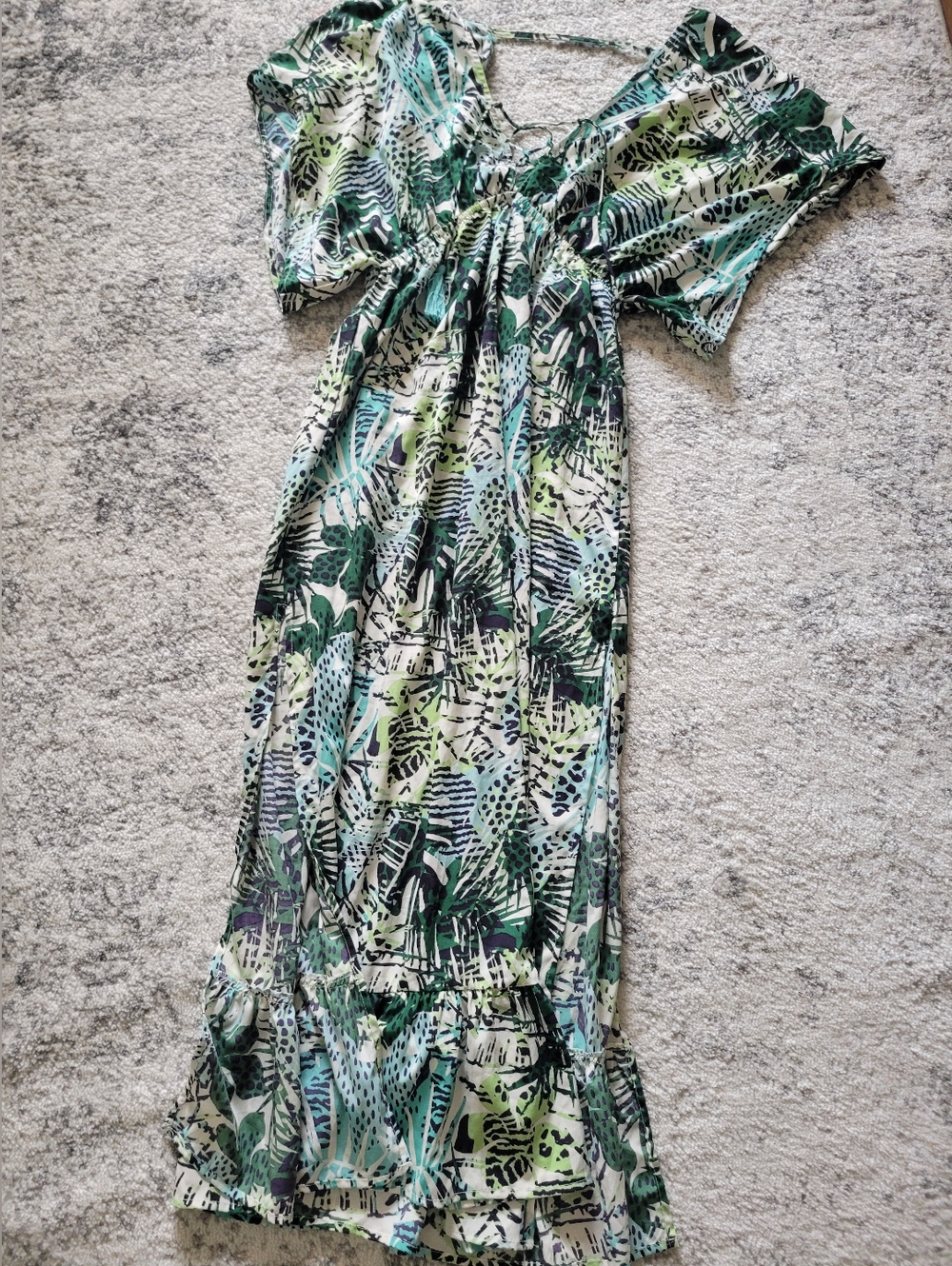 Green Tropical Print Maxi Dress Swim Coverup:Small